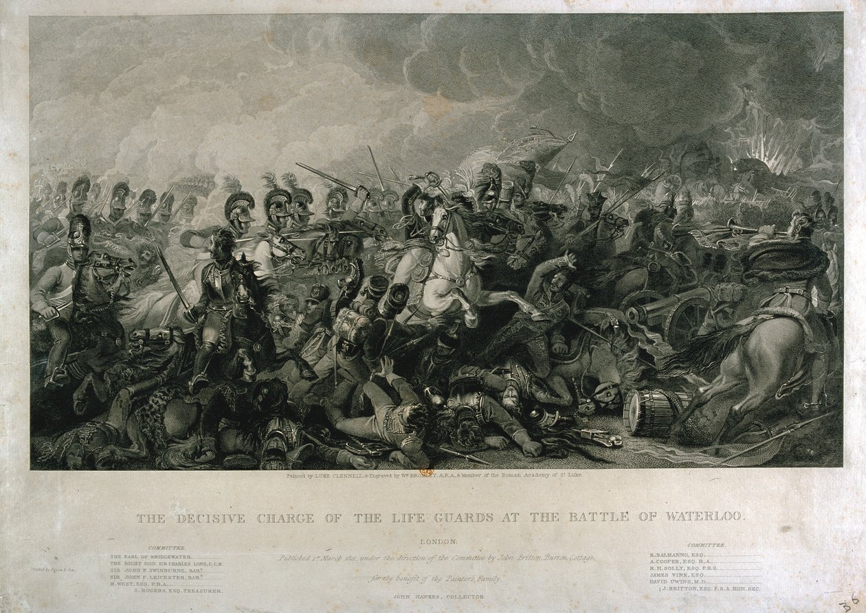 The Decisive Charge of the Life Guards u Waterloo v roce 1815, vyryl William Bromley, 1821 (ručně kolorovaná rytina) od Luke Clennell
