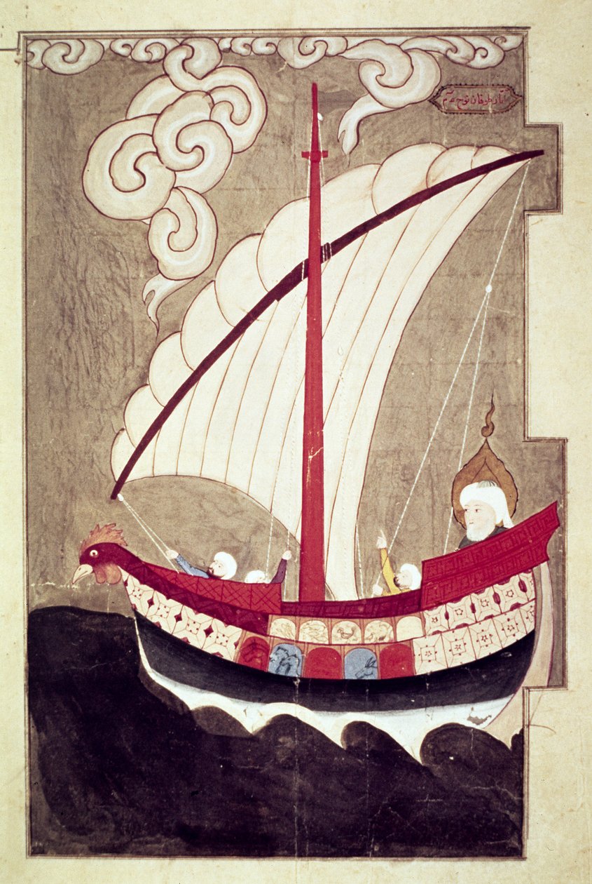 Noah plující ve své arše, ze Zubdat al Tavarikh, dokončen po roce 1583 (iluminace) od Luqman i Ashur Luqman i Ashur