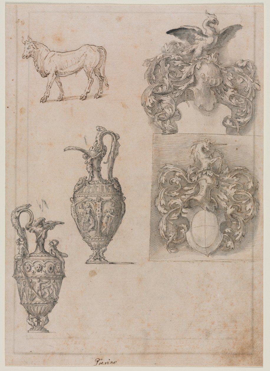 Design pro dvě vázy, dva erby a býčí recto, polovina 1500. od Luzio Romano