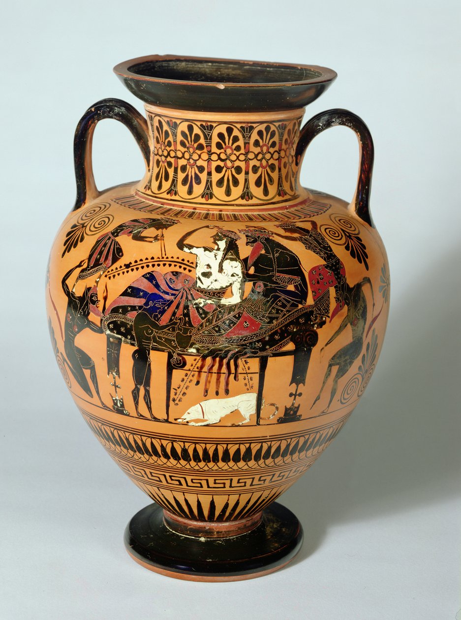Černofigurová amfora zobrazující hodování Dionýsa a Ariadny, Řecko, 530-520 př.nl (hlína) od Lysippos