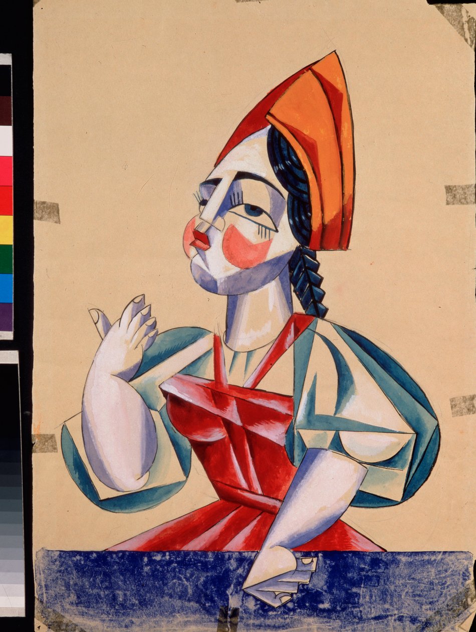 Přípravný kostým pro ženskou postavu ve hře "Du pope et de son komorník Balda" od Alexandra Puškina (1799-1837). Dílo Lyubov (Lioubov) Sergejevna Popova (1889-1924), kvaš a inkoust na papíře od Lyubov Sergeevna Popova