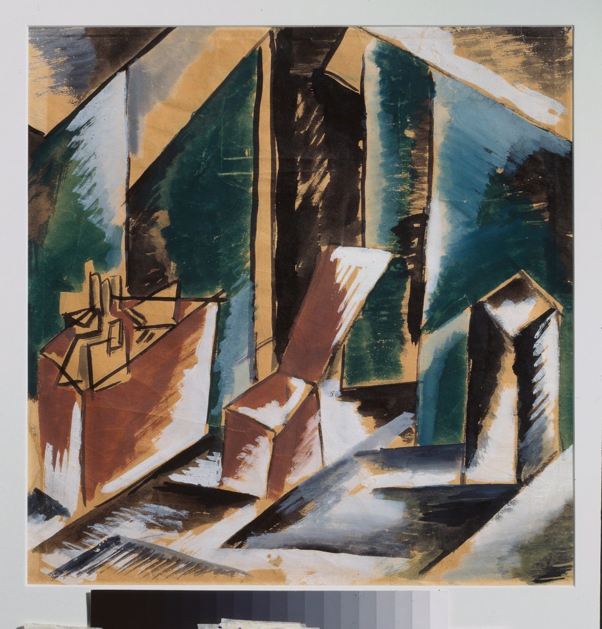 Přípravná výzdoba. Dílo Ljubova (Lioubova) Sergejevna Popova (1889-1924), kvaš na papíře, kolem 1910. Ruské scénografické umění, 20. stol. Soukromá sbírka. od Lyubov Sergeevna Popova