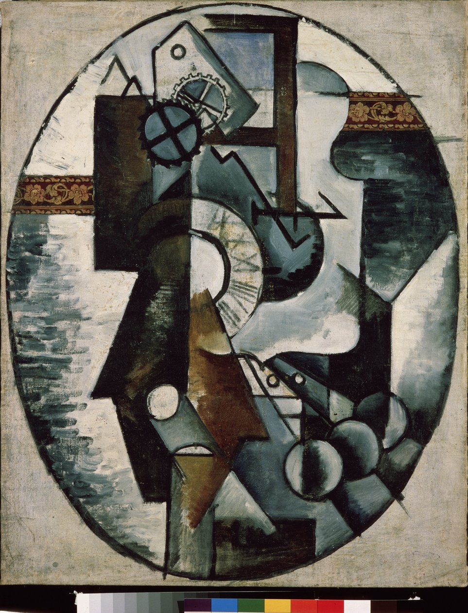 Hodiny. Malba Ljubova (Lioubova) Sergejevna Popova (1889-1924), olej na plátně a koláž od Lyubov Sergeevna Popova