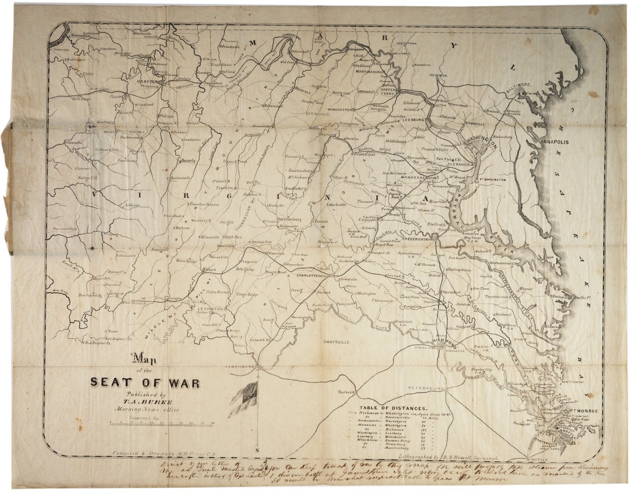 Mapa sídla války, vyrobená v Savannah, Georgia, 1861 od M. B. Grant