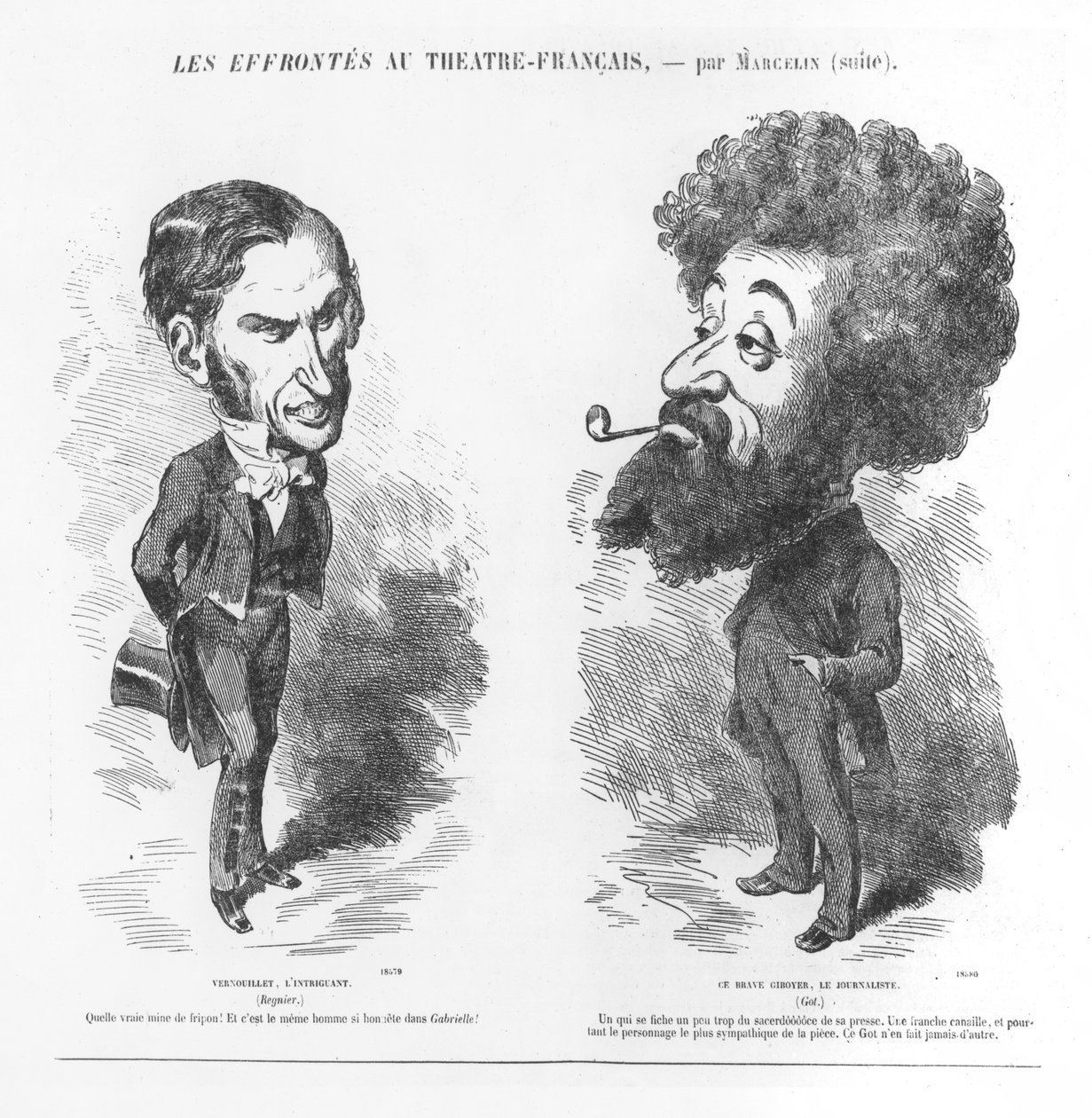Karikatury Vernouilleta Podivuhodného a Statečného Giboyera, novináře, z „Les Efrontes au Theater Francais“ od M. Marcelin