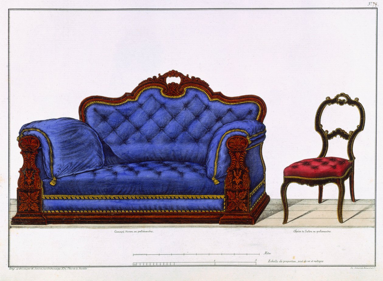 Francouzská pohovka a křeslo z knihy Modeles de Meubles et de decorations interieures pour les meubles, Paris, Santi, M, 1828 od M. Santi