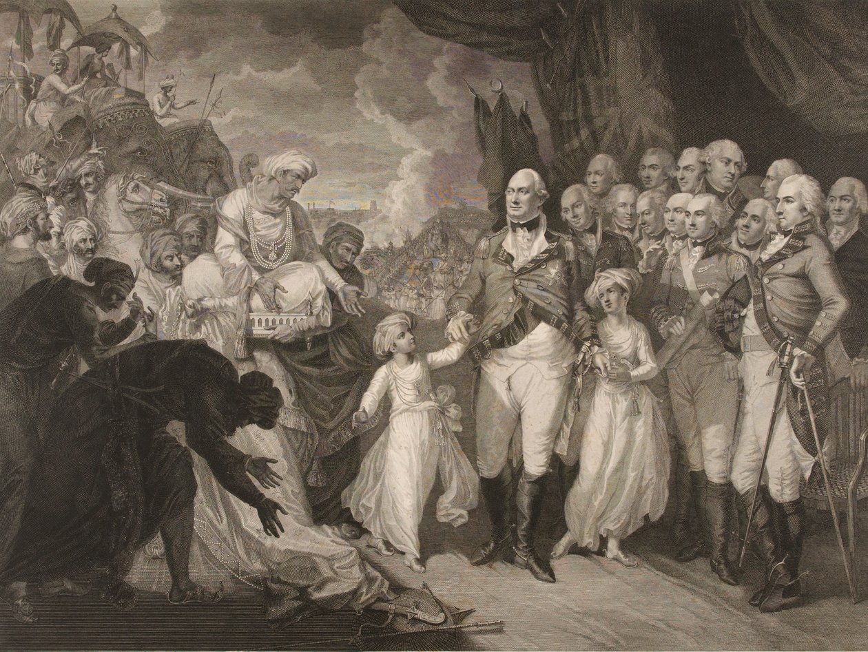 Marquis Cornwallis přijímá rukojmí prince, syny Tippoo Sultana od M. (after) Brown
