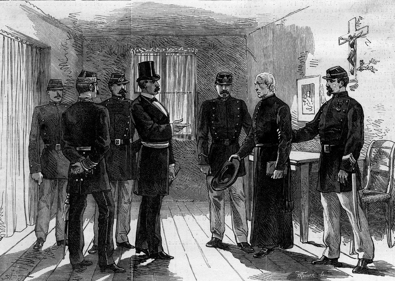 Deportace jezuitů z Rue de Sevres v Paříži na základě dekretů z března 1880 vydaných Julesem Ferrym a odebrání práva vyučovat členům nepovolených řeholních kongregací: jezuitský otec zatčen ve své cele. 30. června 1880. En od M. (after) Ferdinandus