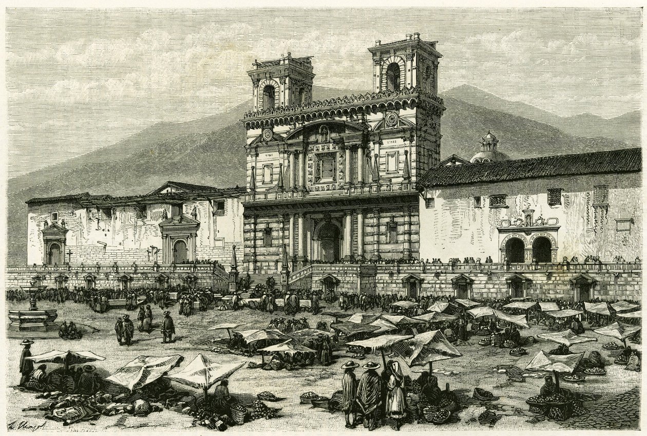 Katedrála Quito (hlavní město dnešního Ekvádoru) a populární zábava na jejím náměstí. Rytina Clerget a Ferdinandus, pro ilustraci příběhu „Equinoxiale America““ od M. (after) Ferdinandus