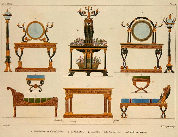 Návrhy nábytku, rytina Mme Soyer, deska 24 z „Modeles de Meubles et de decorations interieures pur les Meubles“, vydané 1828/41 (barva litho) od M. (after) Santi