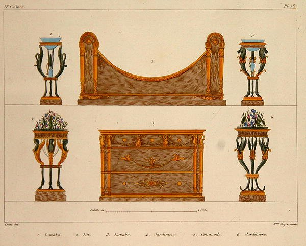 Návrhy nábytku, rytina Mme Soyer, deska 28 z „Modeles de Meubles et de decorations interieures pur les Meubles“, vydané 1828/41 (barva litho) od M. (after) Santi