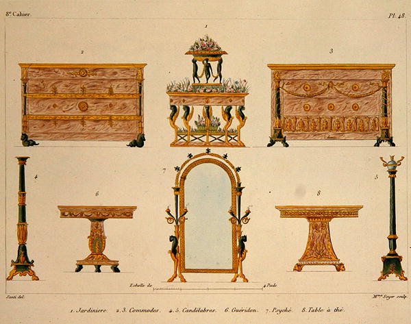 Návrhy nábytku, rytina Mme Soyer, deska 48 z „Modeles de Meubles et de decorations interieures pur les Meubles“, vydané 1828/41 (barva litho) od M. (after) Santi