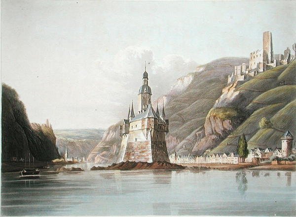 Zámek Pfalz a město Laub, ilustrace z Malebné cesty podél Rýna, z Mentzu do Kolína nad Rýnem, vyryto T. Sutherlandem, vydáno 1820 (barevně lito) od M. (after) Schuetz