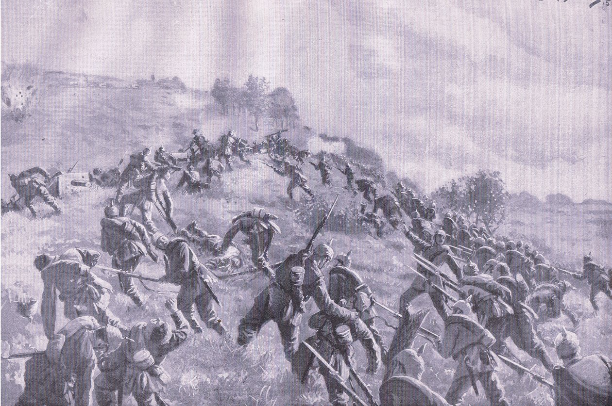 Znovudobytí Szawle. Útok na hřeben, z hospody Ilustrovaná historie světové války 1914-1915. od Union Berlagsefellfchaft od M. Barascudts