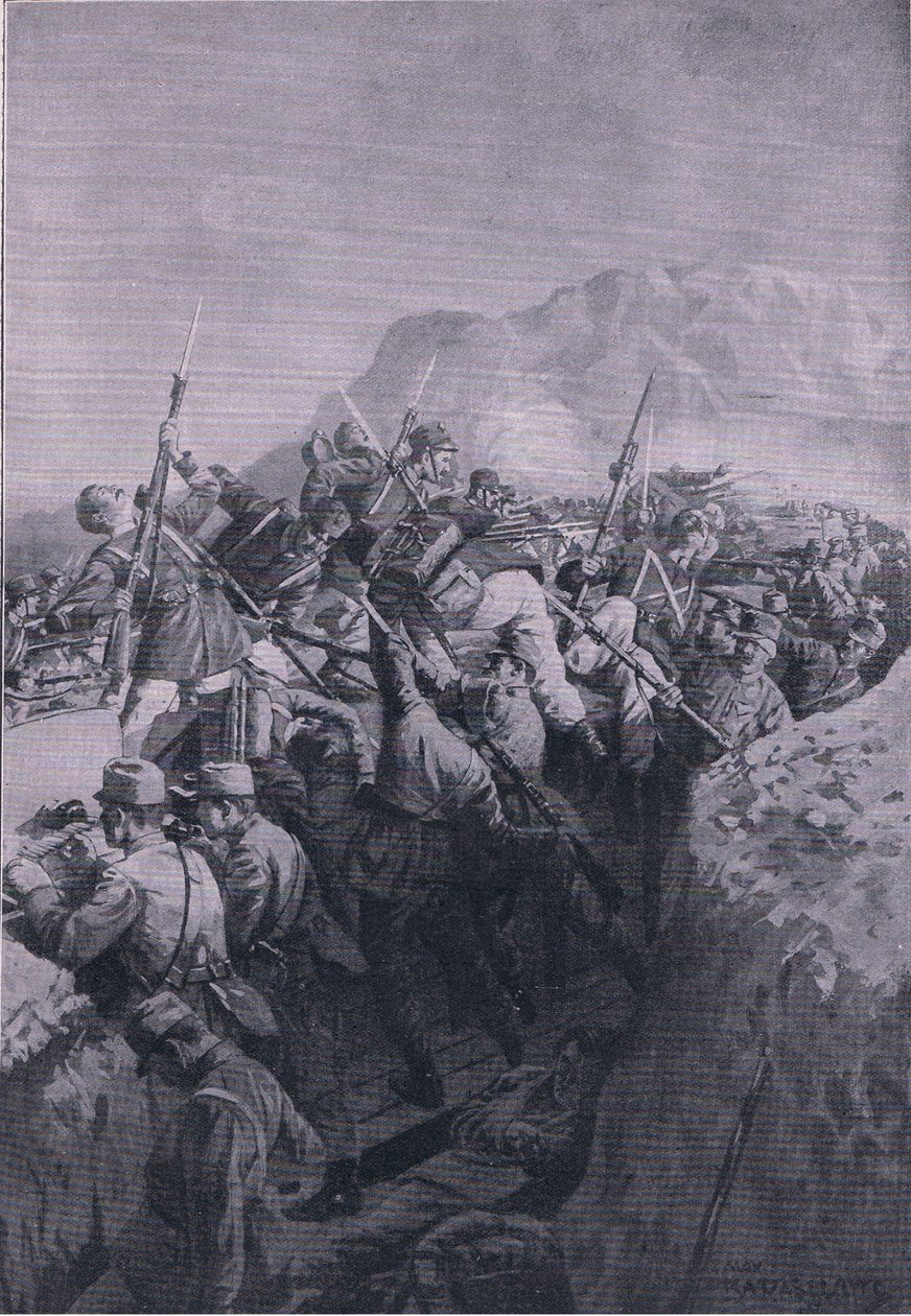 Neúspěšný útok Italů na výšiny Doberdo, z hospody Ilustrovaná historie světové války 1914-1915. od Union Berlagsefellfchaft od M. Barascudts