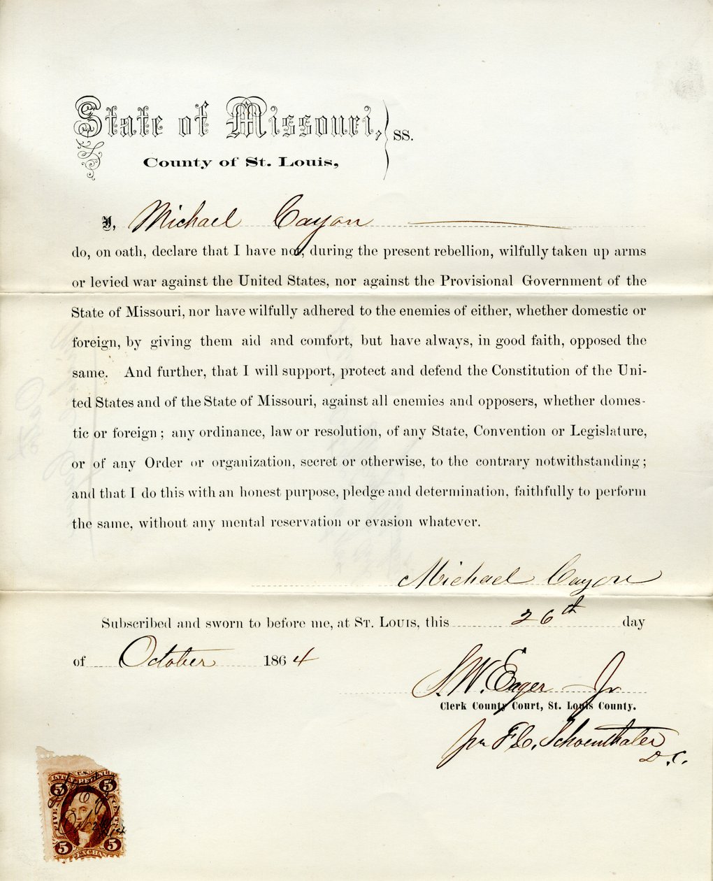 Věrnostní přísaha Michaela Cayona z Missouri v hrabství St. Louis od M. Cayon
