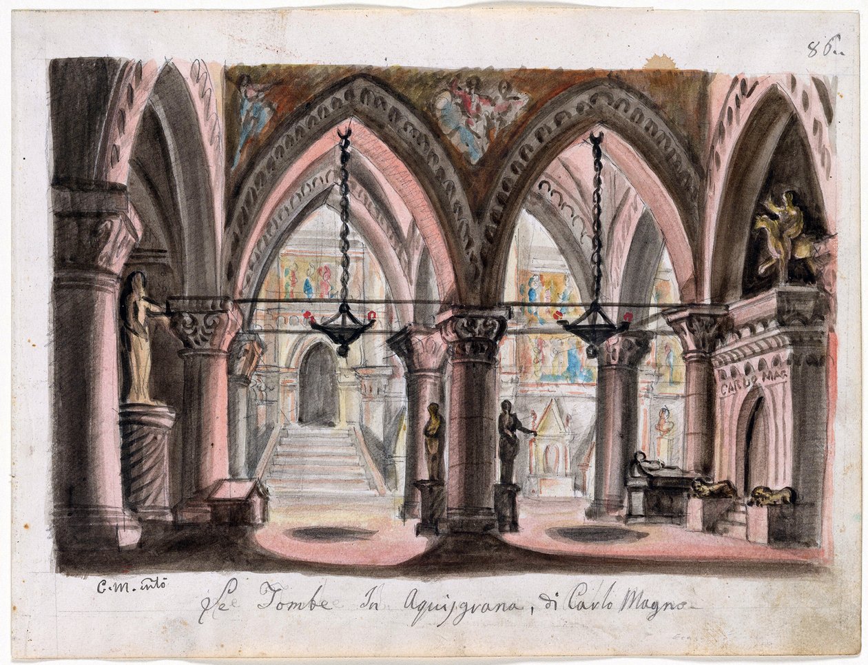 Le tombeau de Charlemagne a Aix-la-Chapelle - Scénografie pro Opera Ernani od Giuseppe Verdiho - M. Conti (1810-1886). Akvarel na papíře Rozměr : 22x29 cm The Morgan Library & Museum, New York od M. Conti