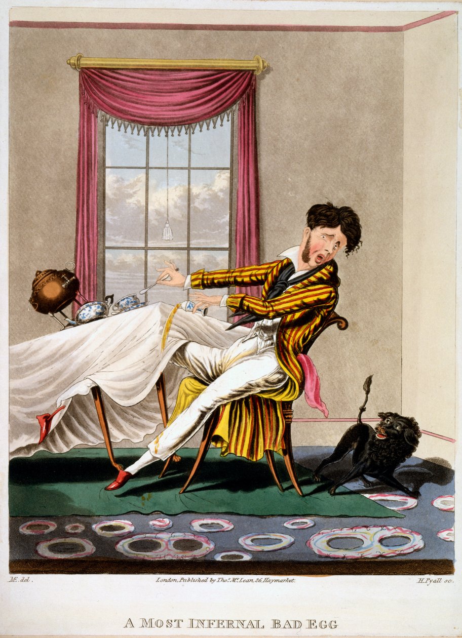 A Most Infernal Bad Egg, tisk vytvořil H Pyall, 1827 (ručně kolorovaná rytina) od M. Egerton