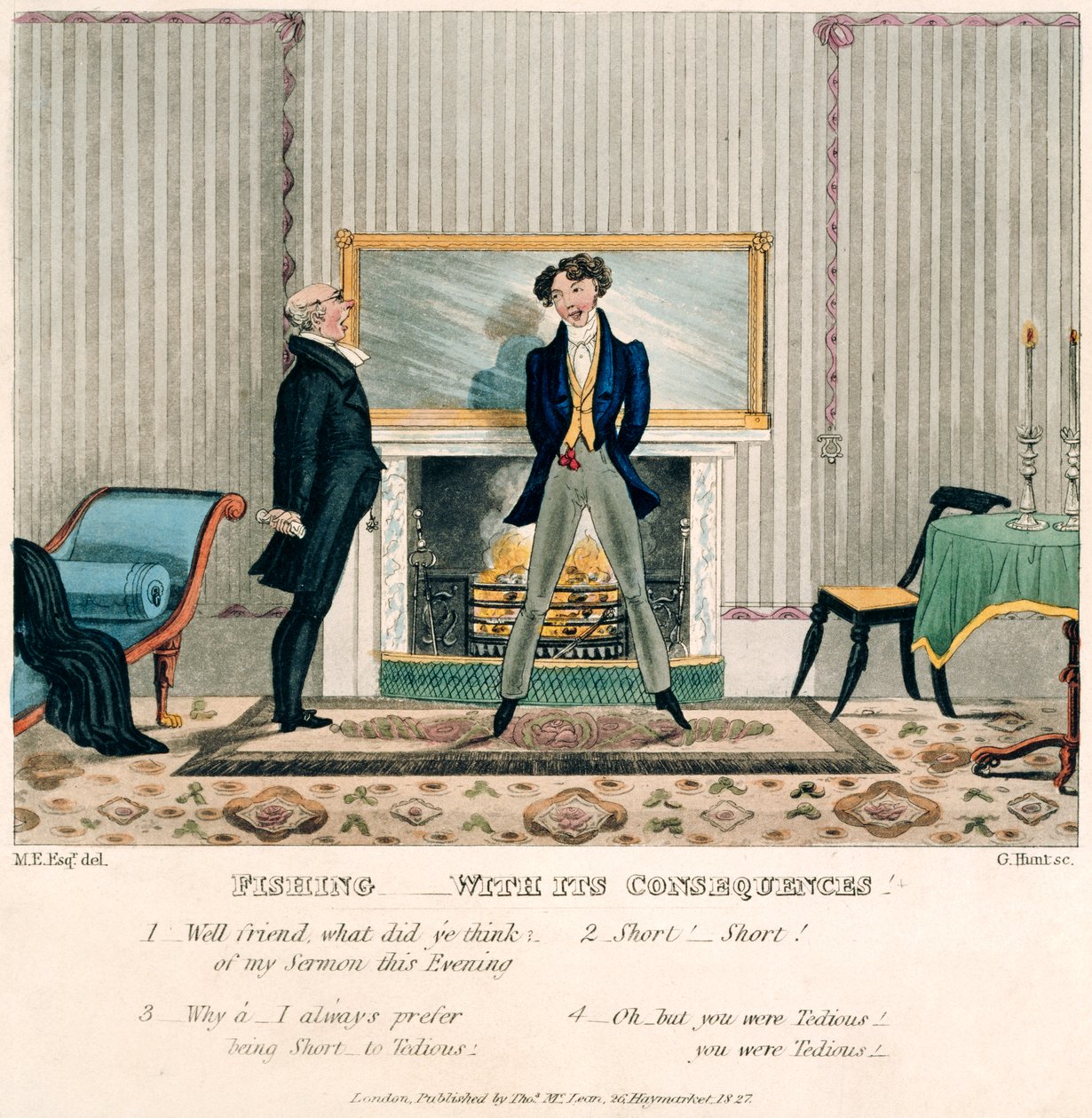 „Rybaření – s jeho důsledky“, vyryto G. Huntem, vydáno v Londýně Thomasem McCleanem, 1827 (ručně kolorovaná akvatinta) od M. Egerton