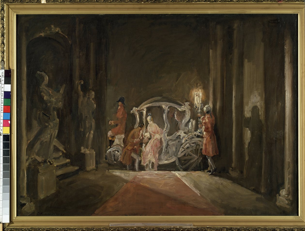 "Une pozvaná" (host) Mladá žena, připomínající Popelku, záhadně sestupuje z kočáru uprostřed noci. Obraz Maxe Friedricha Hofmanna (1873-1937) 1926 Rozměr 116x161 cm Mikalojus Konstantinas Ciurlionis Museum of Fine Arts, Kaunas, Lit. od M. F. Hofmann