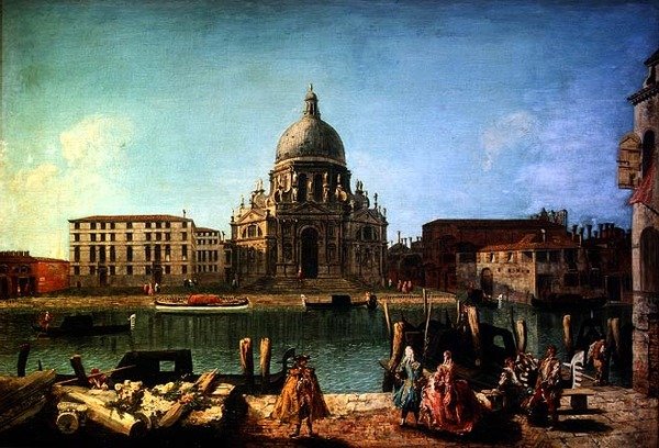 S. Maria della Salute z Rio de San Moise, Benátky, s šlechtou a gondoliéry v popředí od M. and Guardi G.A. Marieschi