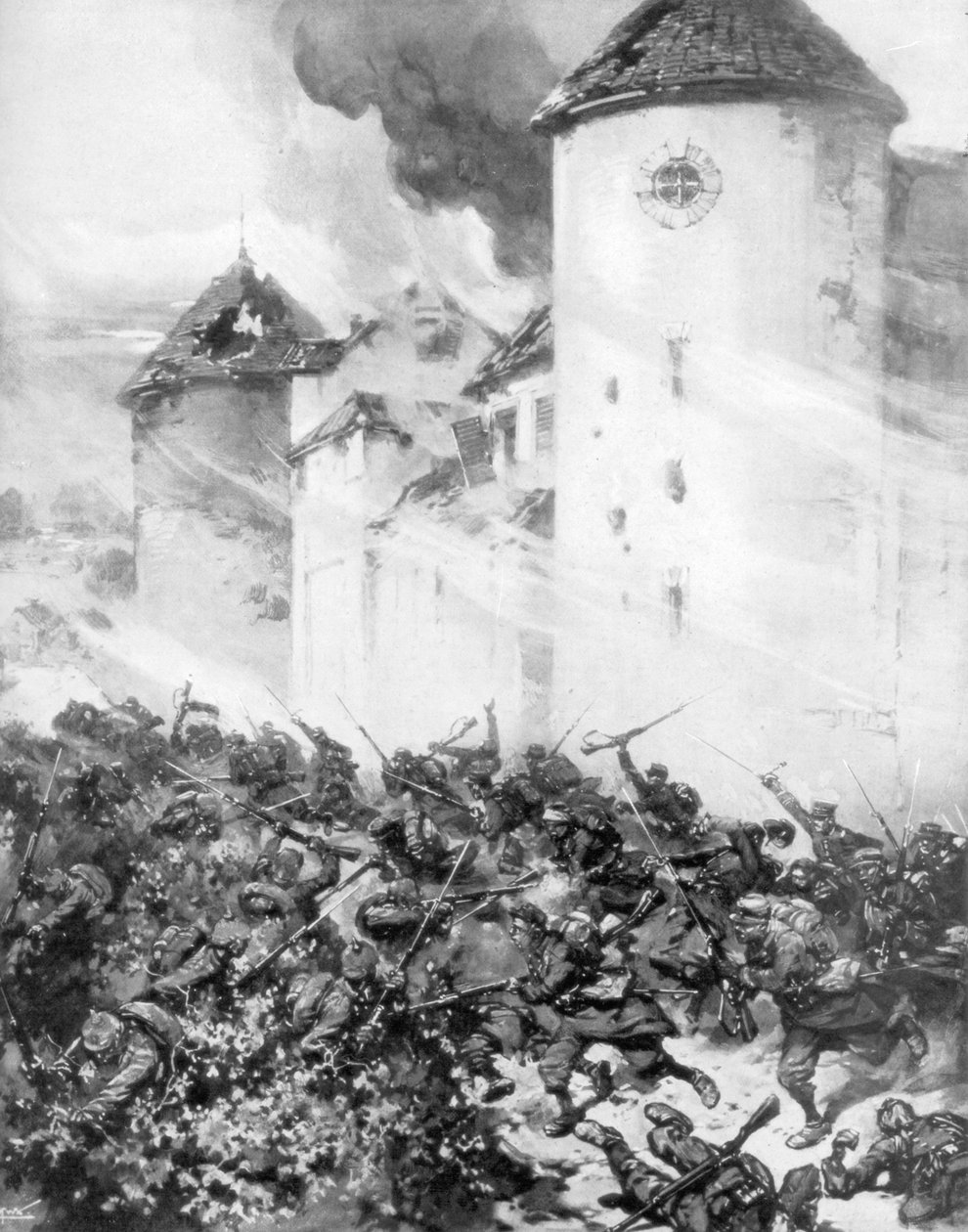 Francouzi a Němci bojují pod zdmi Chateau de Mondement, Francie, 1914. od M. H. W. Koekkok