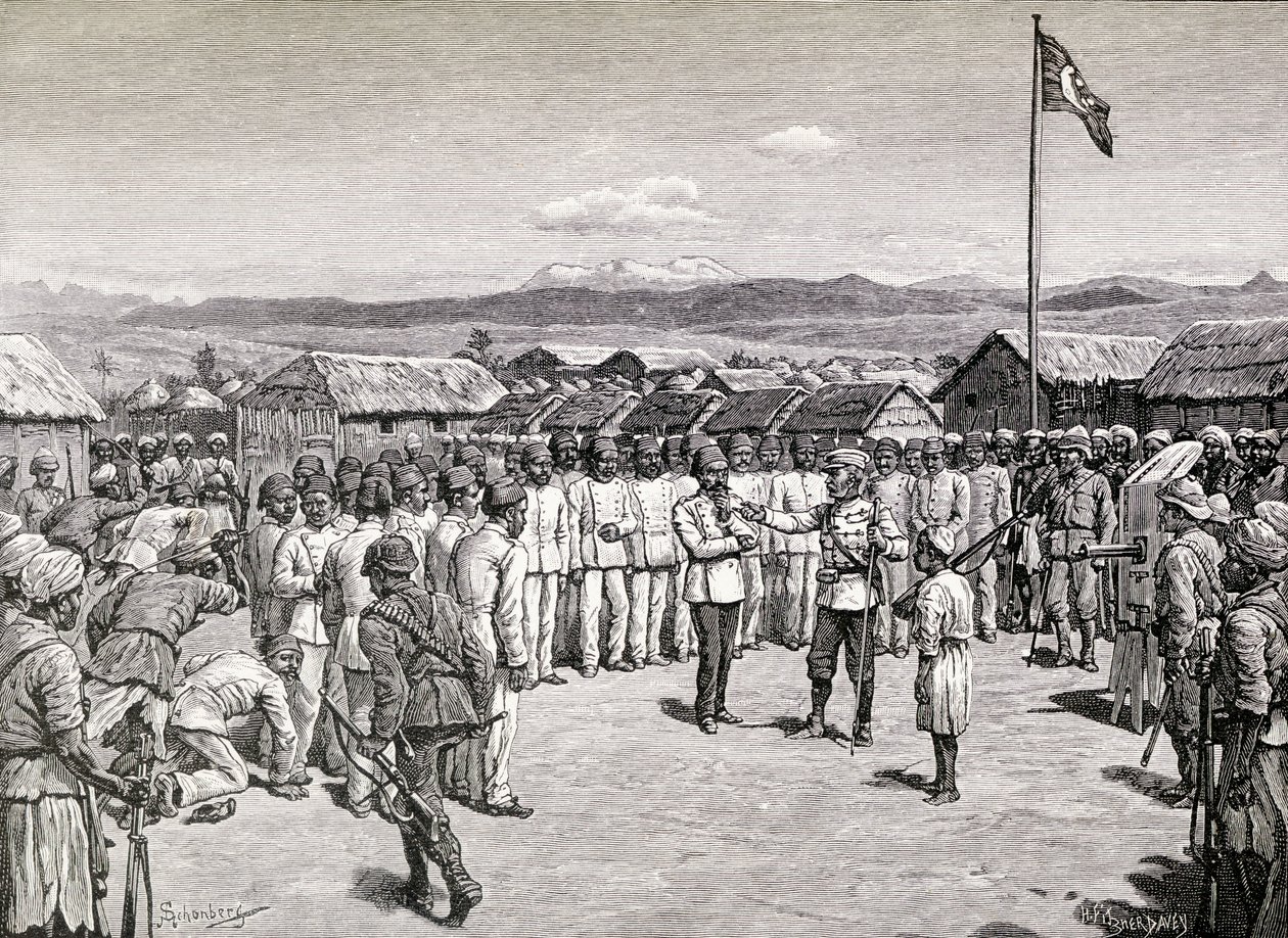 Sir Henry Morton Stanley oslovuje povstalecké důstojníky v Kavalli, 1890 (dřevoryt) od M. Schonberg