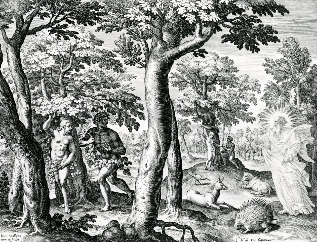 Adam a Eva se skrývají před Pánem, deska 3 „Příběh prvních lidí“, vyryl Jan Sadeler I, 1583 od Maarten de Vos