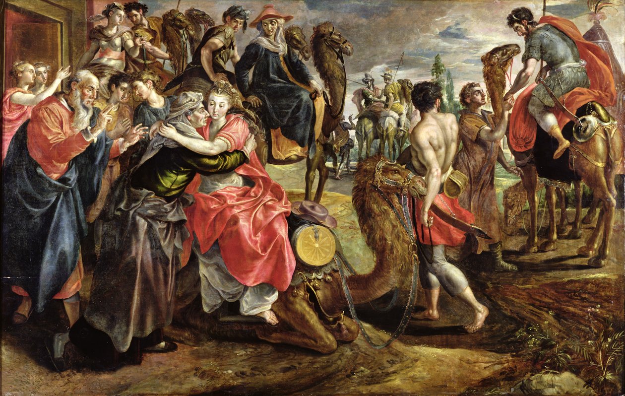 Rebecca se loučí se svou rodinou, kolem roku 1562 od Maarten de Vos