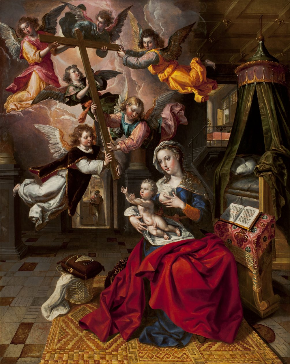 Panna s Ježíškem přivítáním kříže, kolem 1600 od Maarten de Vos