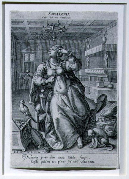 Sophronia, ze série zobrazující „Tři ženy jako symboly cudnosti“, vyryl Raphael Sadeler I (1561-1632) kolem roku 1590 (rytina) od Maarten de (after) Vos
