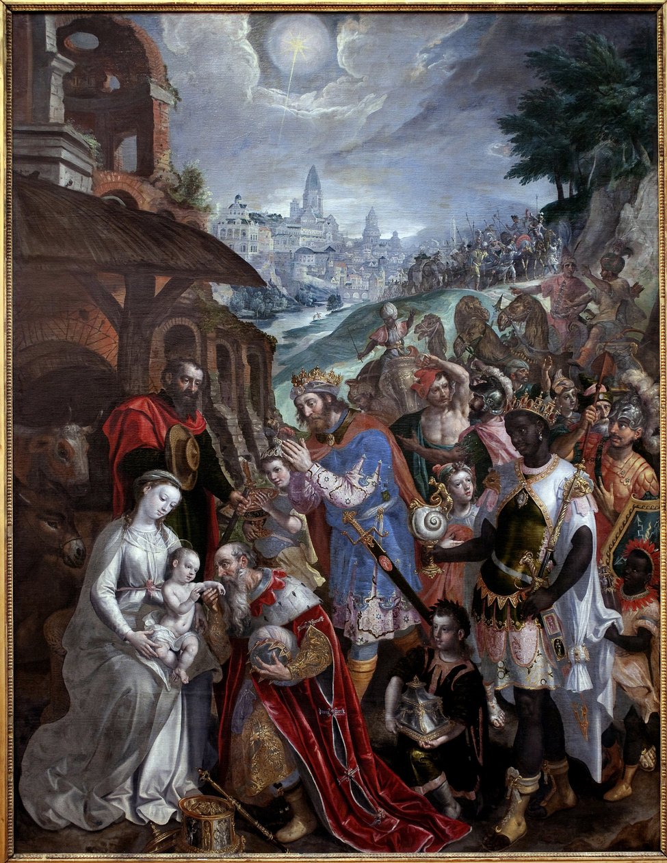 Klanění tří králů. Nad Svatou rodinou a mudrci, hvězda pastýře. Obraz Maaertena de Vos (Martin de Vos, Marten de Vos) (1532-1603), vlámské umění 16. století. Muzeum výtvarného umění ve Valenciennes. od Maarten de Vos