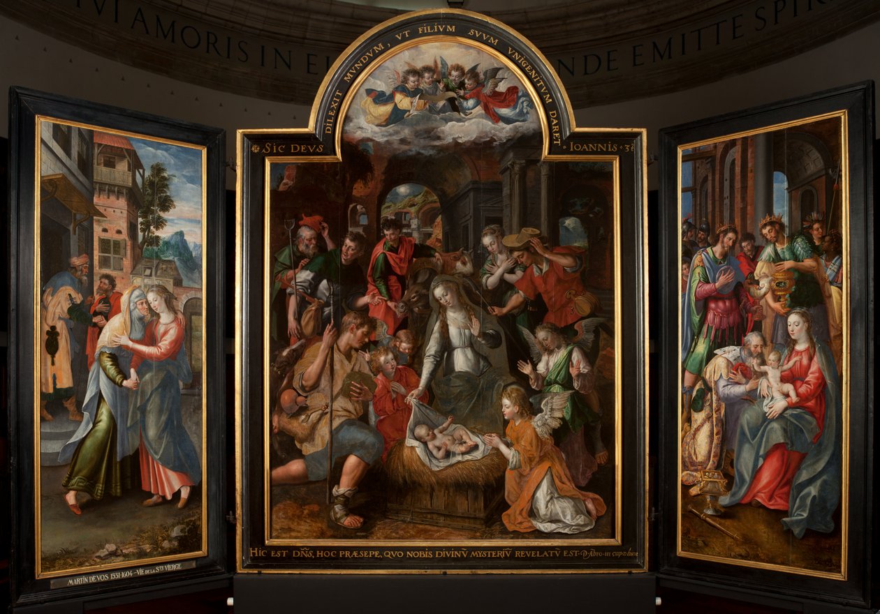 Klanění tří králů, Triptych, Centrální panel, detail, malba na dřevě od Maarten de Vos