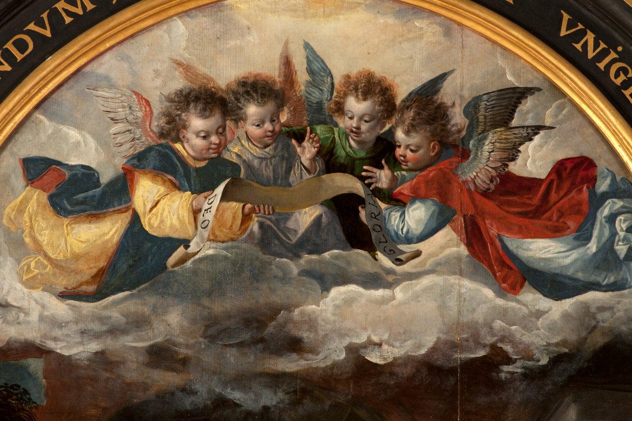 Klanění tří králů, Triptych, Centrální panel, detail, malba na dřevě od Maarten de Vos