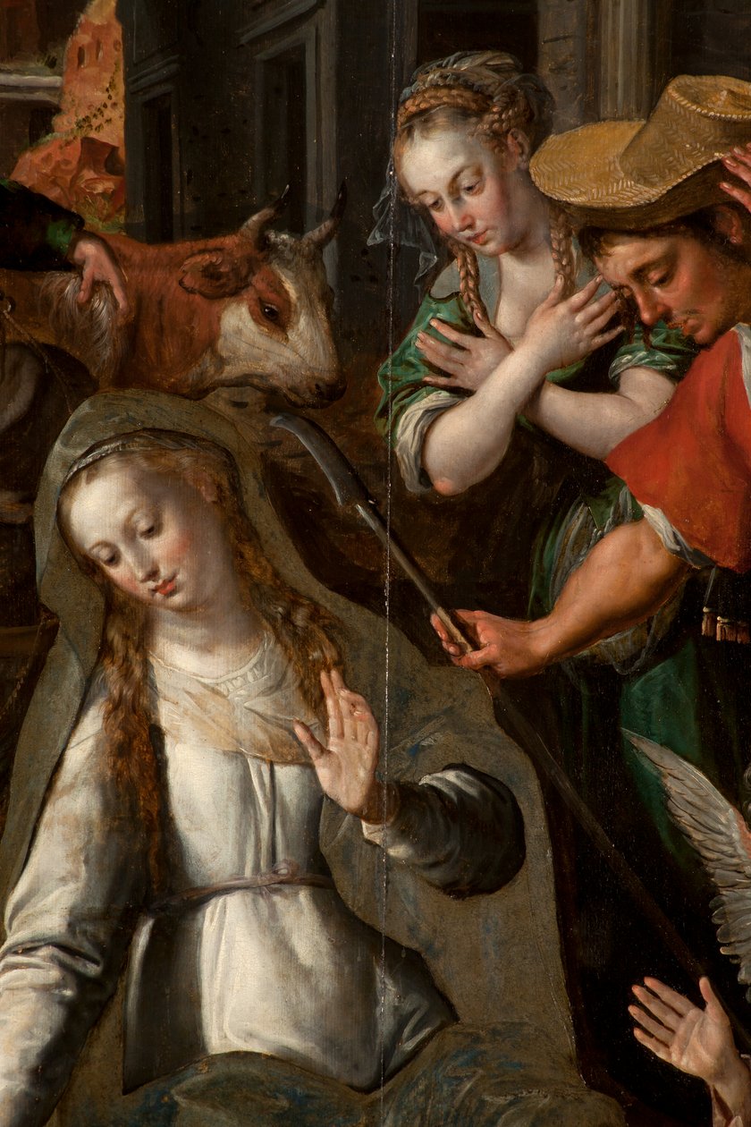 Klanění tří králů, Triptych, Centrální panel, detail, malba na dřevě od Maarten de Vos