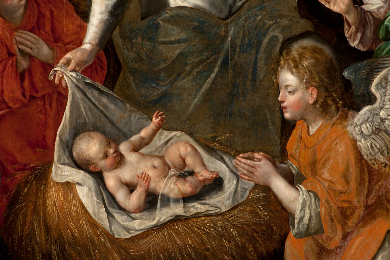 Klanění tří králů, Triptych, Centrální panel, detail, malba na dřevě od Maarten de Vos