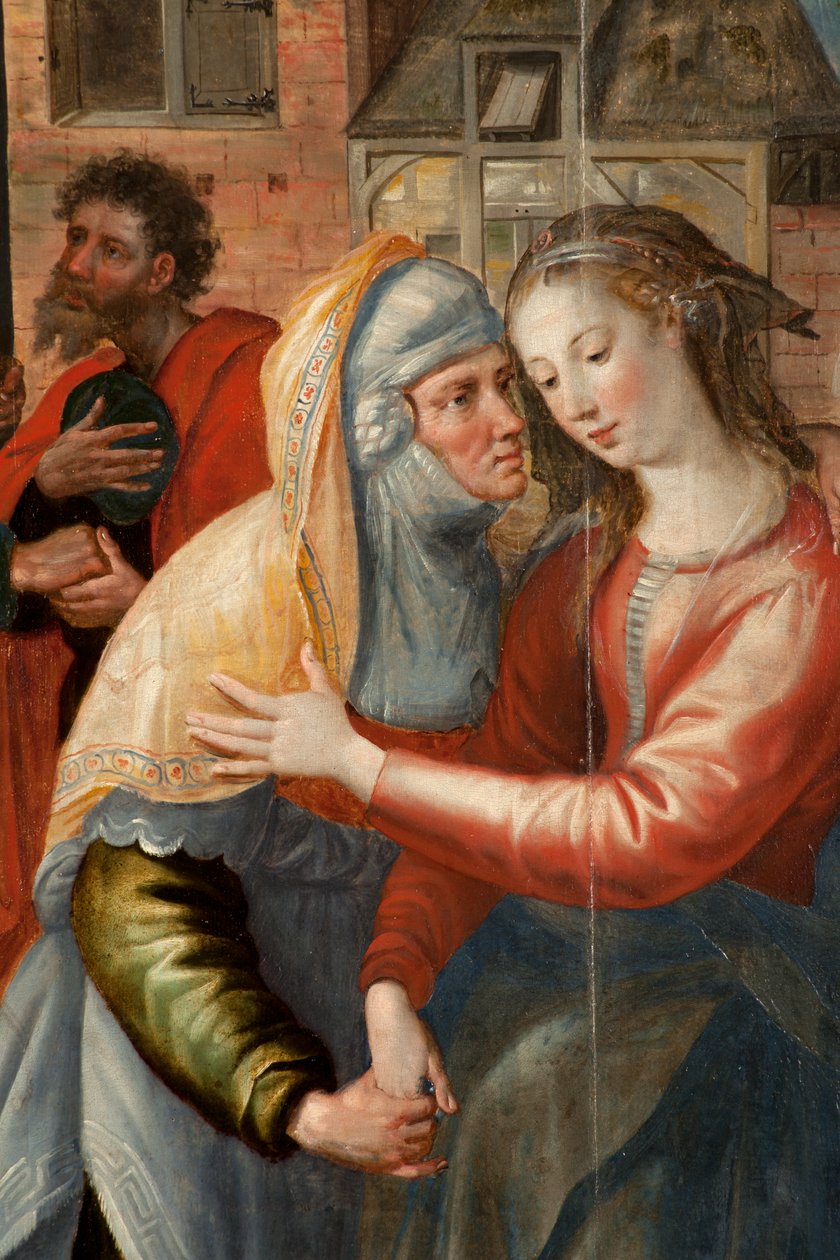 Klanění tří králů, Triptych, levý panel: Život Panny Marie, detail, malba na dřevě od Maarten de Vos