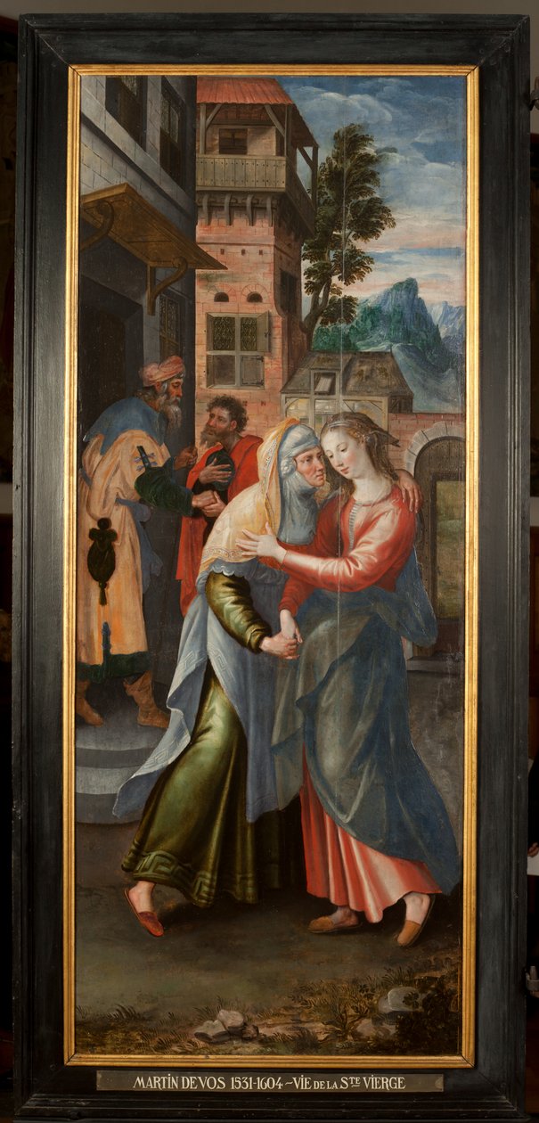 Klanění tří králů, Triptych, levý panel: Život Panny Marie, detail, malba na dřevě od Maarten de Vos