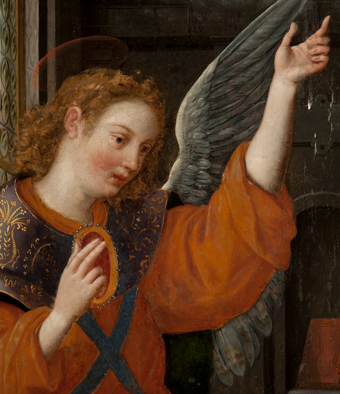 Klanění tří králů, Triptych, Levý panel, zadní díl, detail, malba na dřevě od Maarten de Vos