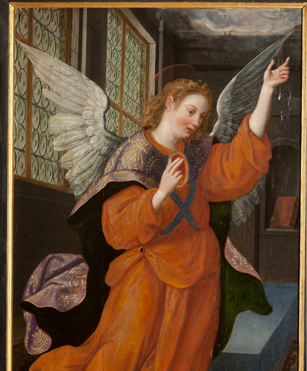 Klanění tří králů, Triptych, Levý panel, zadní díl, detail, malba na dřevě od Maarten de Vos