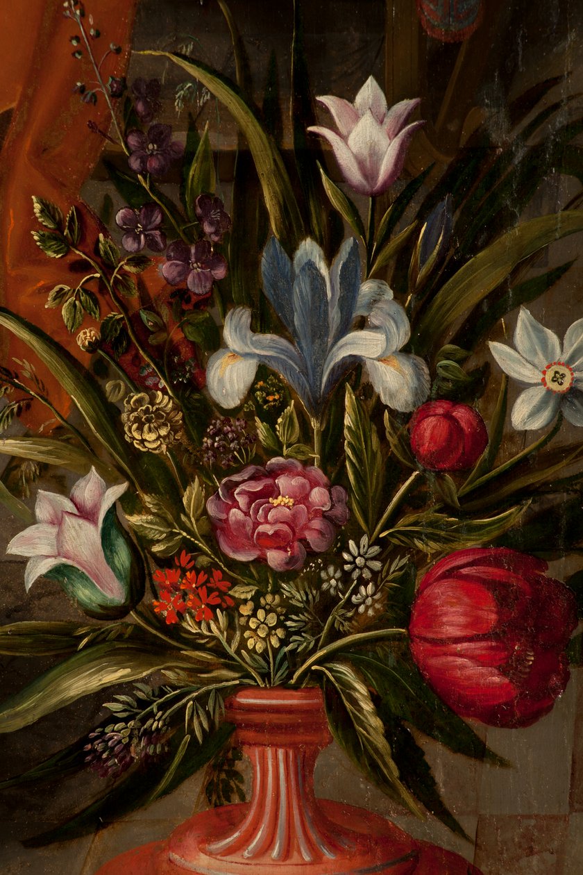 Klanění tří králů, Triptych, Levý panel, zadní díl, detail, malba na dřevě od Maarten de Vos