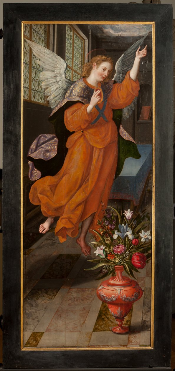Klanění tří králů, Triptych, Levý panel, zadní část, malba na dřevě od Maarten de Vos