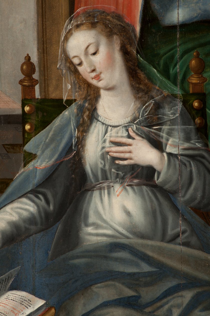 Klanění tří králů, Triptych, Zadní díl pravého panelu, detail, malba na dřevě od Maarten de Vos