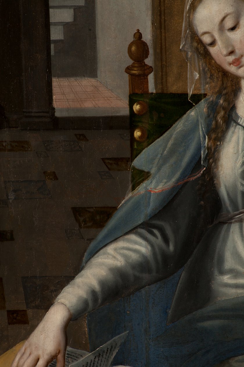 Klanění tří králů, Triptych, Zadní díl pravého panelu, detail, malba na dřevě od Maarten de Vos