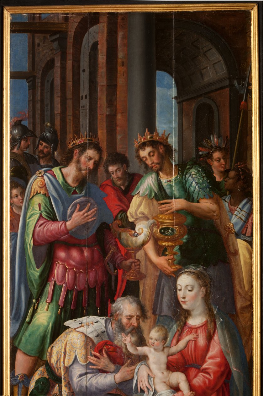 Klanění tří králů, Triptych, Pravý panel, detail, malba na dřevě od Maarten de Vos