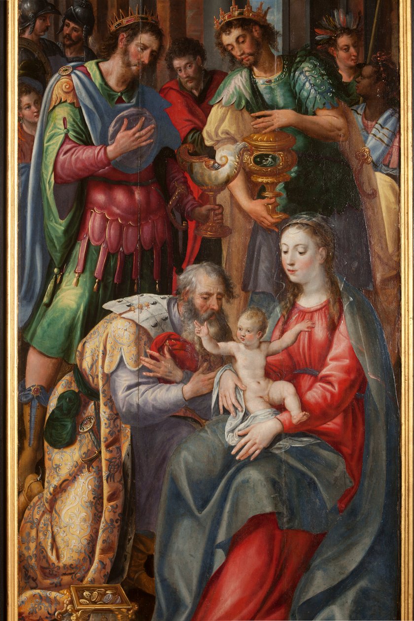Klanění tří králů, Triptych, Pravý panel, detail, malba na dřevě od Maarten de Vos