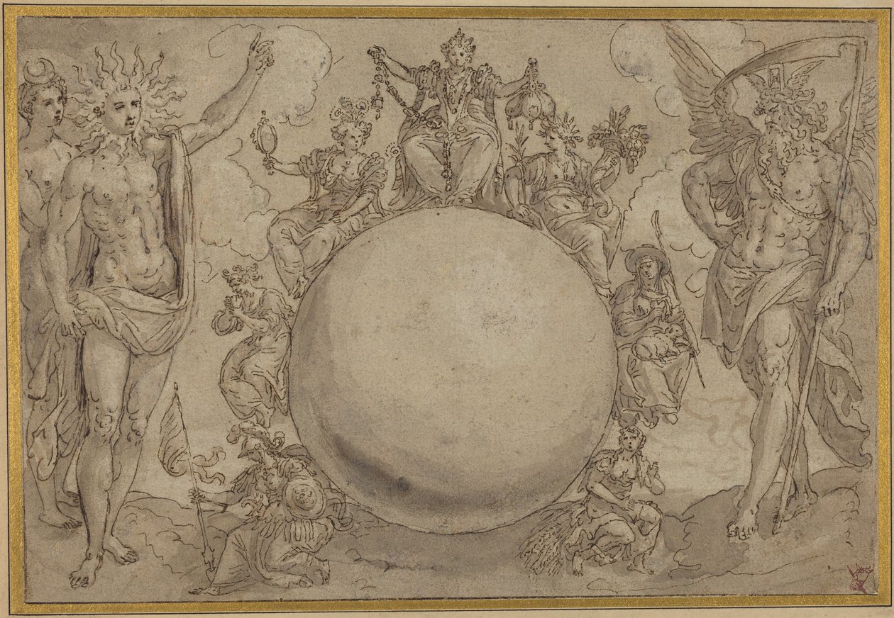 Apollón, Diana a čas s cyklickými proměnami lidského života, asi 1561 (pero a hnědý inkoust s šedým lakem nad stopami grafitu, nařezáno pro přenos na křídový papír) od Maarten de Vos