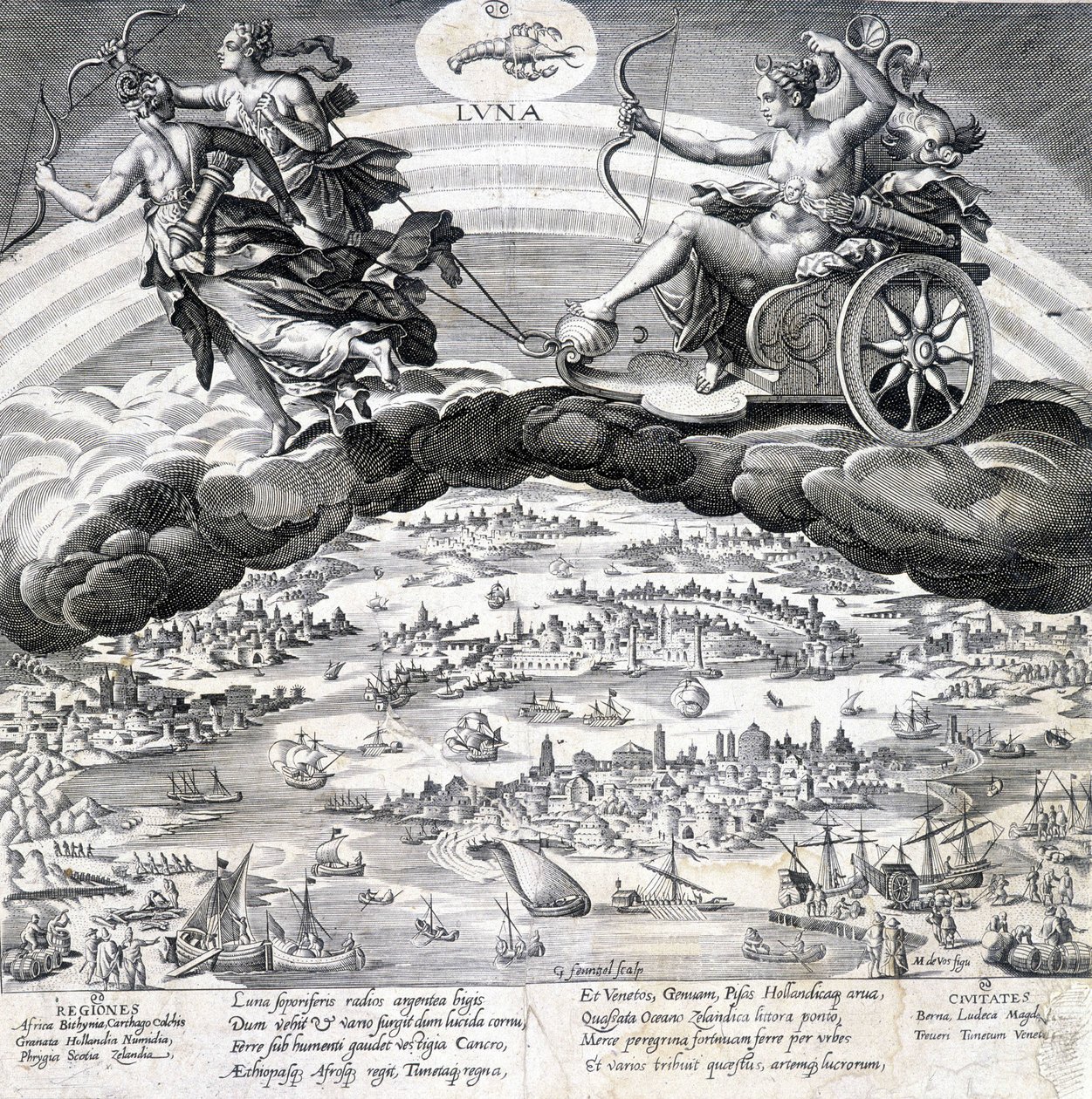 Luna: alegorie Měsíce (Diana) a Štíra, který je pod jejím vlivem (znamení zvěrokruhu) - rytina Maerten de Vos (Marten de Vos, Marten de Vos) (1532-1603), n.d. od Maarten de Vos