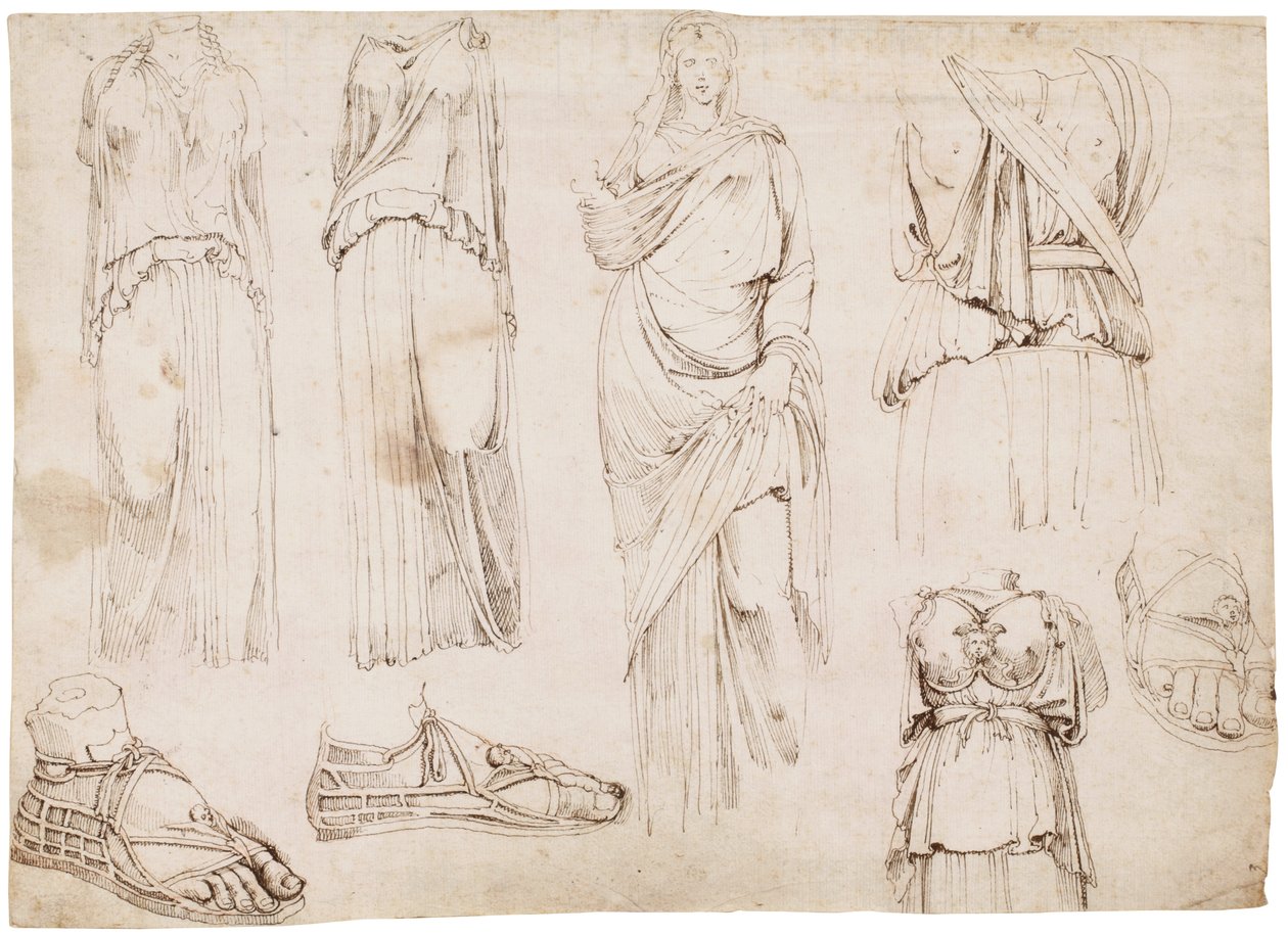Ženské figurky a sandály, cca 1498-1574 (červená křída, pero a hnědý inkoust) od Maarten van Heemskerck (circle of)