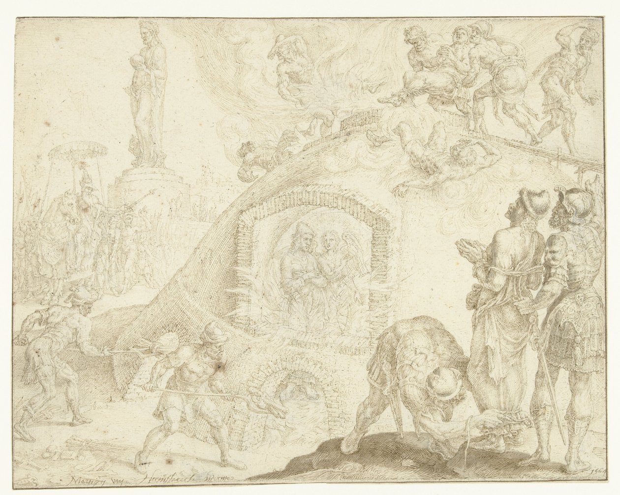 Tři mladíci jsou vhozeni do ohnivé pece Historie tří mládí (název série) od Maarten van Heemskerck